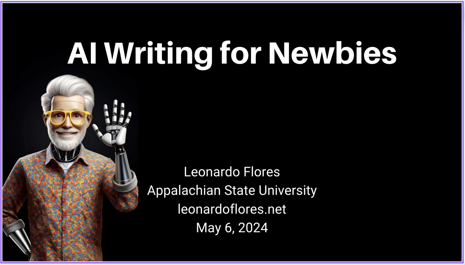 Cyborg Leo waves in a slide titled "AI Writing for Newbies."